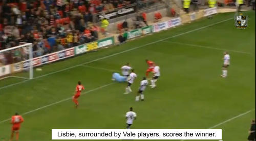 Lisbie, surrounded by Vale players, scores the winner.