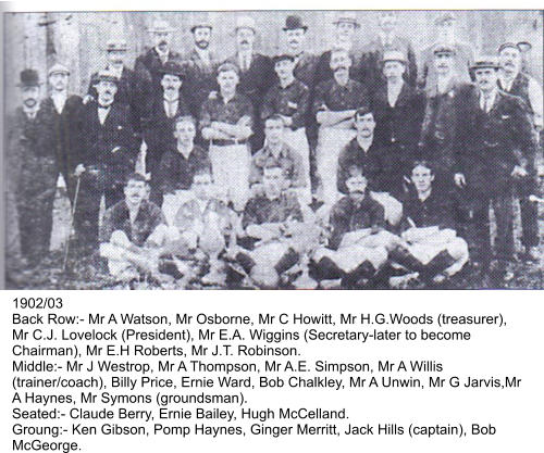 1902/03 Back Row:- Mr A Watson, Mr Osborne, Mr C Howitt, Mr H.G.Woods (treasurer), Mr C.J. Lovelock (President), Mr E.A. Wiggins (Secretary-later to become Chairman), Mr E.H Roberts, Mr J.T. Robinson. Middle:- Mr J Westrop, Mr A Thompson, Mr A.E. Simpson, Mr A Willis (trainer/coach), Billy Price, Ernie Ward, Bob Chalkley, Mr A Unwin, Mr G Jarvis,Mr A Haynes, Mr Symons (groundsman). Seated:- Claude Berry, Ernie Bailey, Hugh McCelland. Groung:- Ken Gibson, Pomp Haynes, Ginger Merritt, Jack Hills (captain), Bob McGeorge.
