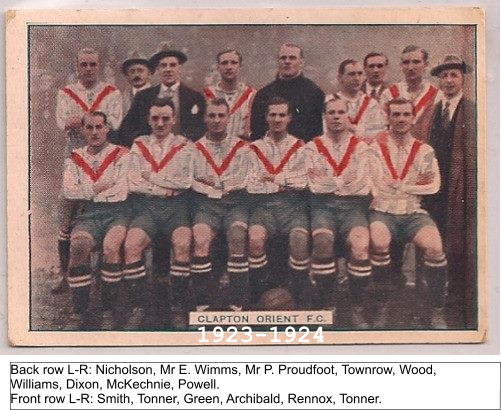 1923-1924 Back row L-R: Nicholson, Mr E. Wimms, Mr P. Proudfoot, Townrow, Wood, Williams, Dixon, McKechnie, Powell. Front row L-R: Smith, Tonner, Green, Archibald, Rennox, Tonner.