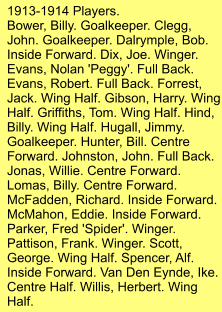 1913-1914 Players. Bower, Billy. Goalkeeper. Clegg, John. Goalkeeper. Dalrymple, Bob. Inside Forward. Dix, Joe. Winger. Evans, Nolan 'Peggy'. Full Back. Evans, Robert. Full Back. Forrest, Jack. Wing Half. Gibson, Harry. Wing Half. Griffiths, Tom. Wing Half. Hind, Billy. Wing Half. Hugall, Jimmy. Goalkeeper. Hunter, Bill. Centre Forward. Johnston, John. Full Back. Jonas, Willie. Centre Forward. Lomas, Billy. Centre Forward. McFadden, Richard. Inside Forward. McMahon, Eddie. Inside Forward. Parker, Fred 'Spider'. Winger. Pattison, Frank. Winger. Scott, George. Wing Half. Spencer, Alf. Inside Forward. Van Den Eynde, Ike. Centre Half. Willis, Herbert. Wing Half.