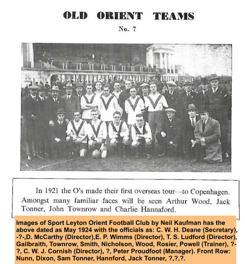 Images of Sport Leyton Orient Football Club by Neil Kaufman has the above dated as May 1924 with the officials as: C. W. H. Deane (Secretary), -?-,D. McCarthy (Director),E. P. Wimms (Director), T. S. Ludford (Director), Gailbraith, Townrow, Smith, Nicholson, Wood, Rosier, Powell (Trainer), ?-?, C. W. J. Cornish (Director), ?, Peter Proudfoot (Manager). Front Row: Nunn, Dixon, Sam Tonner, Hannford, Jack Tonner, ?,?,?.