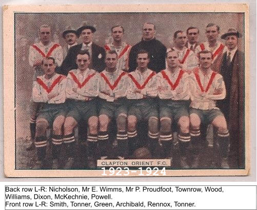 1923-1924 Back row L-R: Nicholson, Mr E. Wimms, Mr P. Proudfoot, Townrow, Wood, Williams, Dixon, McKechnie, Powell. Front row L-R: Smith, Tonner, Green, Archibald, Rennox, Tonner.