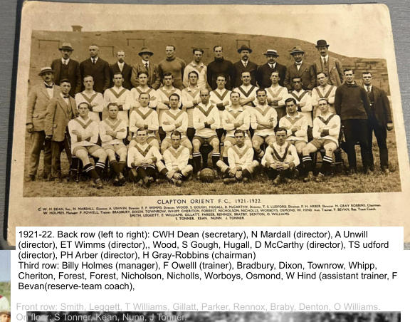 1921-22. Back row (left to right): CWH Dean (secretary), N Mardall (director), A Unwill (director), ET Wimms (director),, Wood, S Gough, Hugall, D McCarthy (director), TS udford (director), PH Arber (director), H Gray-Robbins (chairman) Third row: Billy Holmes (manager), F Owelll (trainer), Bradbury, Dixon, Townrow, Whipp, Cheriton, Forest, Forest, Nicholson, Nicholls, Worboys, Osmond, W Hind (assistant trainer, F Bevan(reserve-team coach),  Front row: Smith, Leggett, T Williams, Gillatt, Parker, Rennox, Braby, Denton, O Williams. On floor: S Tonner, Kean, Nunn, J Tonner.