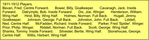 1911-1912 Players. Bevan, Fred. Centre Forward.      Bower, Billy. Goalkeeper.      Cavanagh, Jack. Inside Forward.      Dalrymple, Bob. Inside Forward.      Dix, Joe. Winger.      Henderson, William. Wing Half.      Hind, Billy. Wing Half.      Holmes, Norman. Full Back.      Hugall, Jimmy. Goalkeeper.      Johnson, George. Full Back.      Johnston, John. Full Back.      Liddell, Ned. Centre Half.      McFadden, Richard. Inside Forward.      Parker, Fred 'Spider'. Winger.      Prior, Philip. Winger.      Riddell, Norman. Full Back.      Scott, George. Wing Half.      Shanks, Tommy. Inside Forward.      Silvester, Bertie. Wing Half.      Stonehouse, George. Centre Half.      Willis, Herbert. Wing Half.