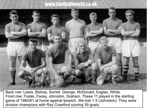 Back row: Lewis, Bishop, Sorrell, George, McDonald, Eagles, White.  Front row: Foster, Facey, Johnston, Graham. These 11 played in the starting game of 1960/61 at home against Ipswich. We lost 1-3 (Johnston). They were division champions with Ray Crawford scoring 39 goals.
