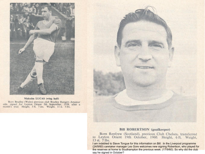 I am indebted to Steve Tongue for this information on Bill:  In the Liverpool programme (24/9/60) caretaker manager Les Gore welcomes new signing Robertson, who played for the reserves at home to Southampton the previous week. (17/9/60). So why did the club say he signed in October?