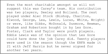 Even the most charitable amongst us will not suggest this was Carey’s team. His contribution was two players, Deeley and Bolland. The rest played under Alec Stock (Bishop, Charlton, Elwood, George, Lea, Lewis, Lucas, White, Wright) or were, like Gibbs, McDonald, Dunmore, Newman, Graham and Robertson bought in by Les Gore. Foster, Clark and Taylor were youth players.  Eddie Lewis was of the opinion that Les Gore could have done the job Carey did. Twenty players were used in the season though the ENFA made it 21 with Jeff Harris but he never signed for another two years.