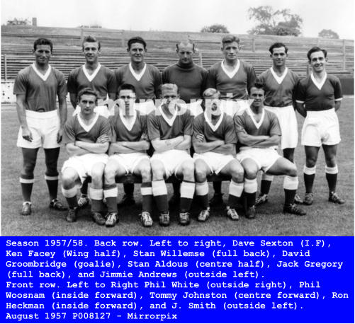 Season 1957/58. Back row. Left to right, Dave Sexton (I.F), Ken Facey (Wing half), Stan Willemse (full back), David  Groombridge (goalie), Stan Aldous (centre half), Jack Gregory  (full back), and Jimmie Andrews (outside left).  Front row. Left to Right Phil White (outside right), Phil  Woosnam (inside forward), Tommy Johnston (centre forward), Ron  Heckman (inside forward), and J. Smith (outside left).  August 1957 P008127 - Mirrorpix