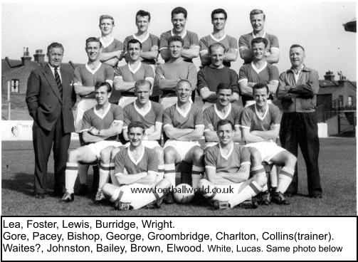 Lea, Foster, Lewis, Burridge, Wright. Gore, Pacey, Bishop, George, Groombridge, Charlton, Collins(trainer). Waites?, Johnston, Bailey, Brown, Elwood. White, Lucas. Same photo below