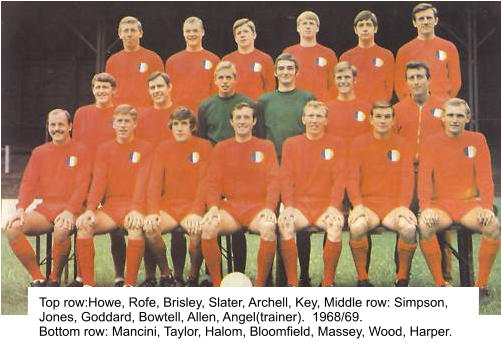 Top row:Howe, Rofe, Brisley, Slater, Archell, Key, Middle row: Simpson, Jones, Goddard, Bowtell, Allen, Angel(trainer).  1968/69. Bottom row: Mancini, Taylor, Halom, Bloomfield, Massey, Wood, Harper.