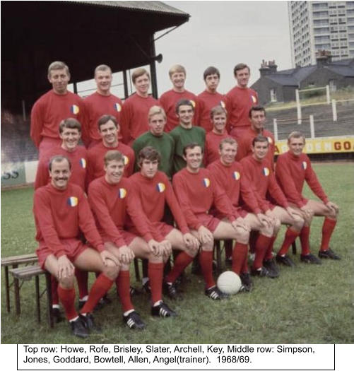 Top row: Howe, Rofe, Brisley, Slater, Archell, Key, Middle row: Simpson, Jones, Goddard, Bowtell, Allen, Angel(trainer).  1968/69.