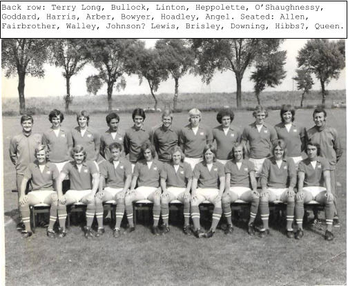 Back row: Terry Long, Bullock, Linton, Heppolette, O’Shaughnessy, Goddard, Harris, Arber, Bowyer, Hoadley, Angel. Seated: Allen, Fairbrother, Walley, Johnson? Lewis, Brisley, Downing, Hibbs?, Queen.